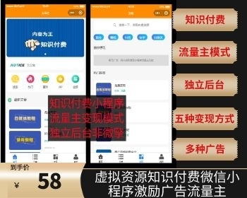 【五种模式】虚拟资源变现小程序知识付费微信小程序激励广告流量主